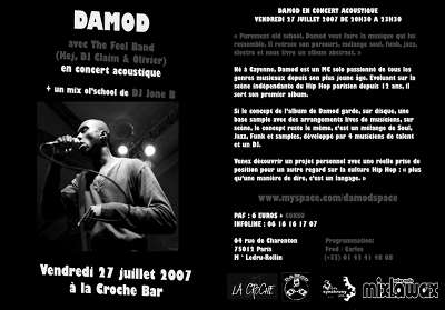 vendredi 27 juillet 2007 le rapper mc damod a la croche bar a paris pour un concert hip hop