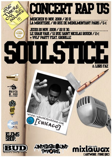 mercredi 19 novembre 2008 le rapper emcee soulstice en concert a paris et rouen pour des concerts hip hop