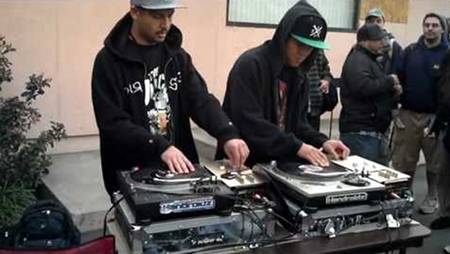 The Handroidz aka DJ IQ and DJ Konfusion with a scratch routine at the Beat Swap Meet on December 11, 2011